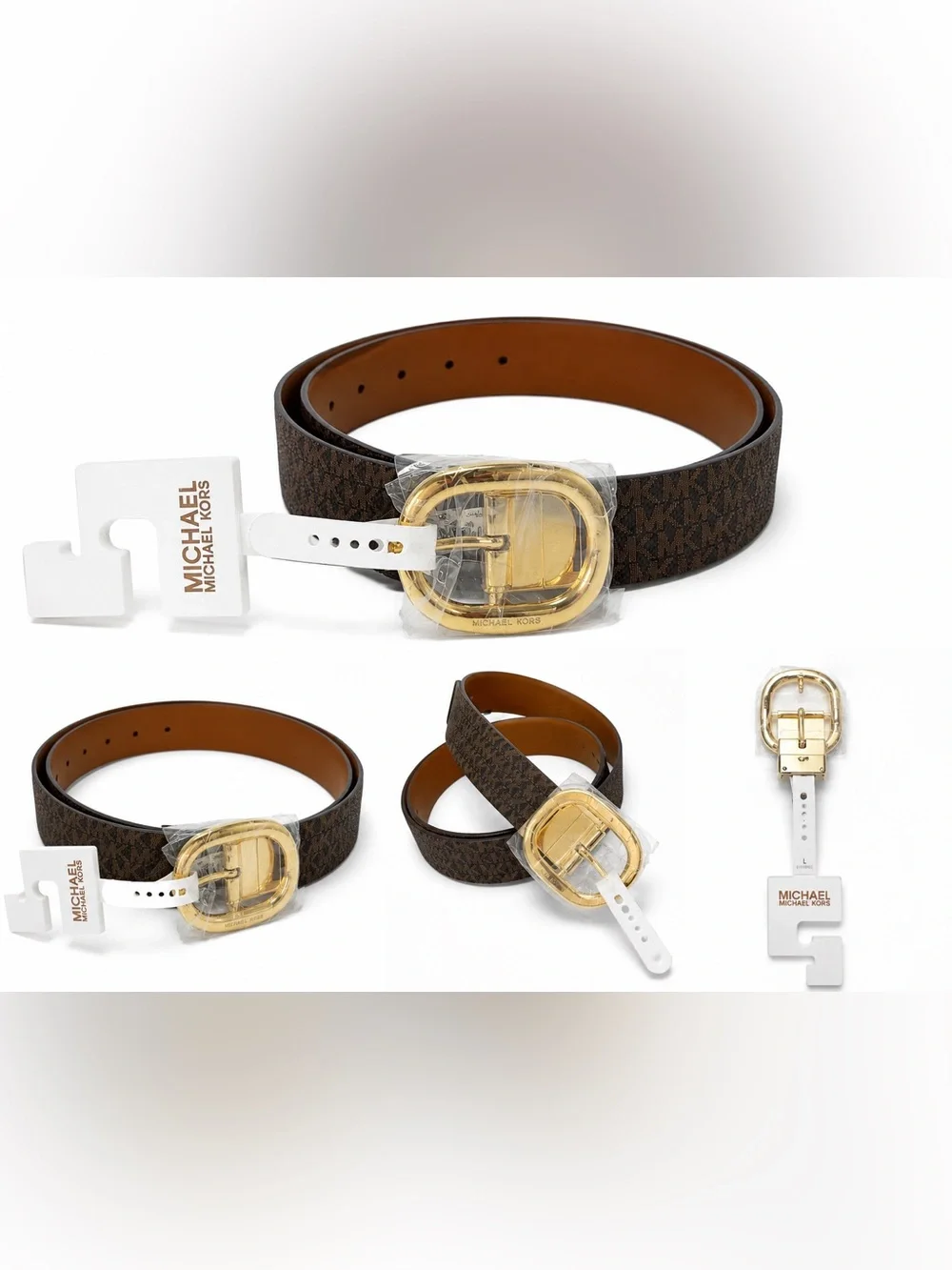 NWT Michael Kors Reversible MK Logo Belt Brown/Tan Gold Buckle Size L